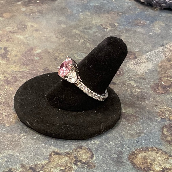 Pink Halo Three-Stone Sterling Silver Engagement Ring Rhodium Plated, size 8 - Picture 2 of 5